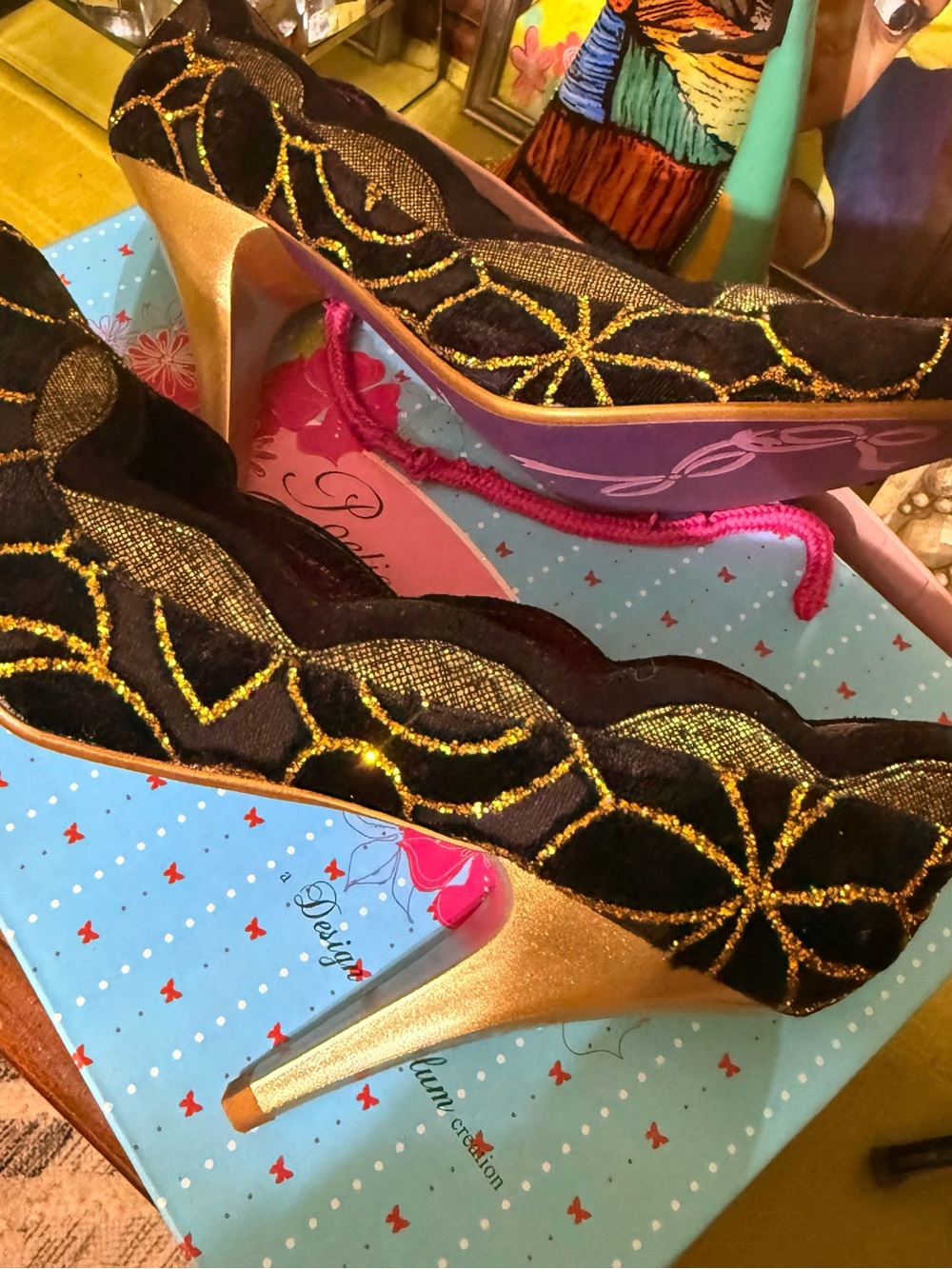 Poetic License Black & Gold Scalloped Velvet High Heels